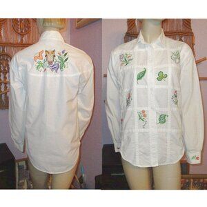 Vtg Patchwork Embroidered Owl Shirt Size S Cotton Cherry Butterfly Flower 90s